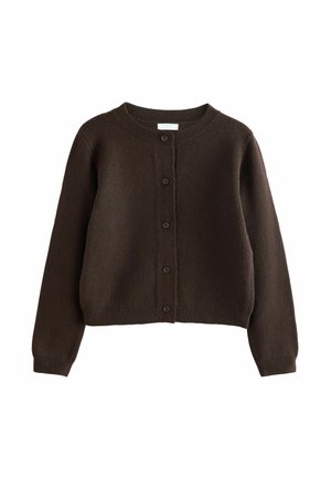 Dunkelbrauner Langarm-Cardigan mit Knöpfen und geripptem Kragen, Bündchen und Saum aus weichem Strickstoff.