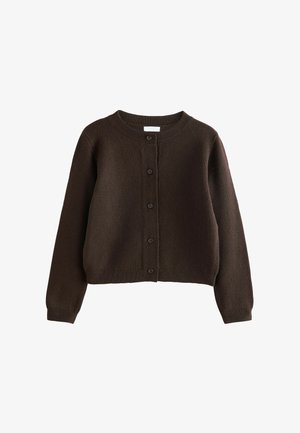 Dunkelbrauner Langarm-Cardigan mit Knöpfen und geripptem Kragen, Bündchen und Saum aus weichem Strickstoff.