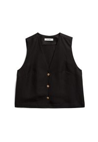 Gilet nero senza maniche con scollatura a V, bottoni in legno e tasche laterali. Realizzato in tessuto testurizzato con una vestibilità comoda.