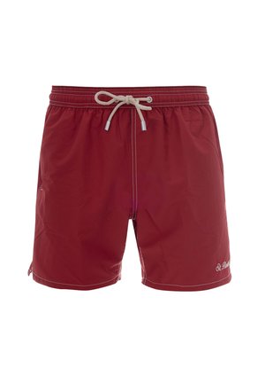 Costume da bagno da uomo color bordeaux con coulisse bianca in vita e logo "St. Barth" ricamato sulla parte inferiore della gamba destra.