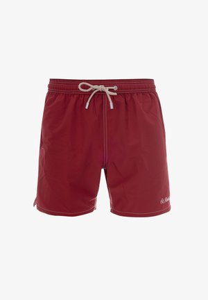 Costume da bagno da uomo color bordeaux con coulisse bianca in vita e logo "St. Barth" ricamato sulla parte inferiore della gamba destra.