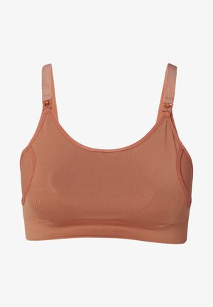 Bruine bh met een zachte textuur, verstelbare banden en een naadloos ontwerp. Het heeft een subtiele glans en elastische banden voor comfort en ondersteuning.