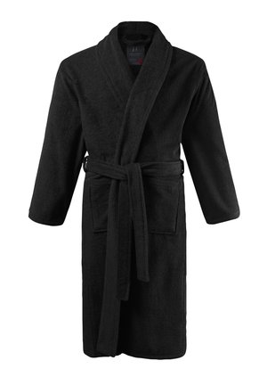 Sort badekåbe i frotté med sjalskrave, lange ærmer, bælte i taljen og to forlommer. Blød tekstur.