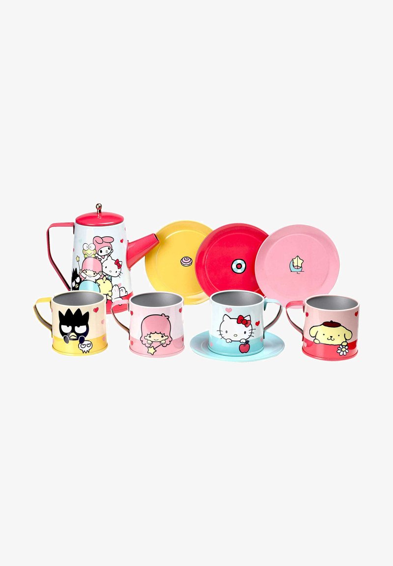 Colorful metal tea set featuring cups, a kettle, and plates. Designs include cartoon characters, hearts, and pastel colors.