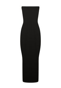Abito bodycon nero senza maniche con un design aderente, texture liscia e un taglio lungo fino al pavimento che esalta la silhouette.