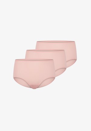 Trois paires de sous-vêtements taille haute rose clair fabriqués en tissu lisse et extensible, avec un design sans coutures et sans couture visible.