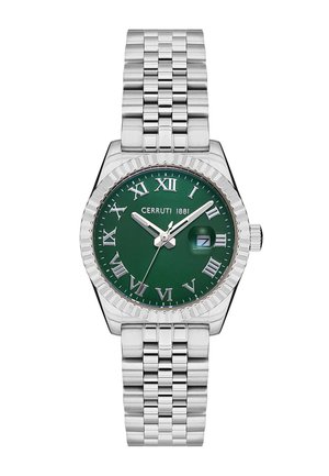 Sølvfarvet metalarmbåndsur med grøn urskive, romertal, tre visere, datovindue kl. 3 og "CERRUTI 1881"-logo.