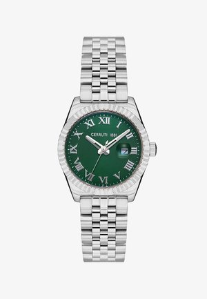 Sølvfarvet metalarmbåndsur med grøn urskive, romertal, tre visere, datovindue kl. 3 og "CERRUTI 1881"-logo.