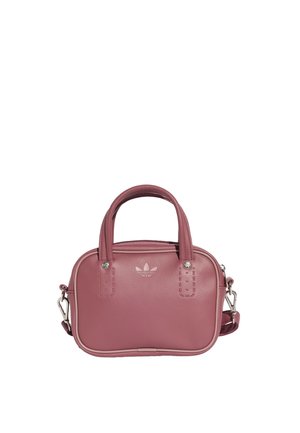 Kleine mauvefarbene Lederhandtasche mit zwei Griffen, silbernen Verschlüssen an den Seiten und einem dezenten Adidas-Logo vorne.