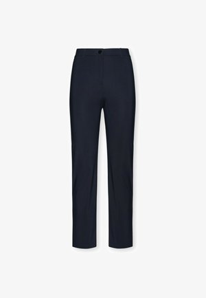Pantalon bleu marine à coupe ajustée, confectionné en tissu tissé. Il présente une fermeture à boutons, des passants pour ceinture et des poches épurées. Texture lisse.