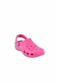 Pink plastic clog with ventilation holes, closed toe, and adjustable heel strap. Features a blue logo on the side.