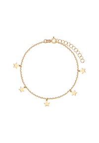 Złota bransoletka łańcuszkowa z pięcioma zawieszkami w kształcie gwiazdek, z zapięciem na zatrzask oraz regulowanym łańcuszkiem przedłużającym dla elastyczności rozmiaru.