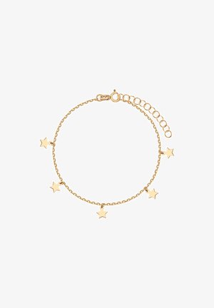 Złota bransoletka łańcuszkowa z pięcioma zawieszkami w kształcie gwiazdek, z zapięciem na zatrzask oraz regulowanym łańcuszkiem przedłużającym dla elastyczności rozmiaru.