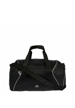 Čierna Adidas taška typu duffel s dvoma rukoväťami, nastaviteľným ramenným popruhom, sieťovanými bočnými vreckami a bielym lemovaním.