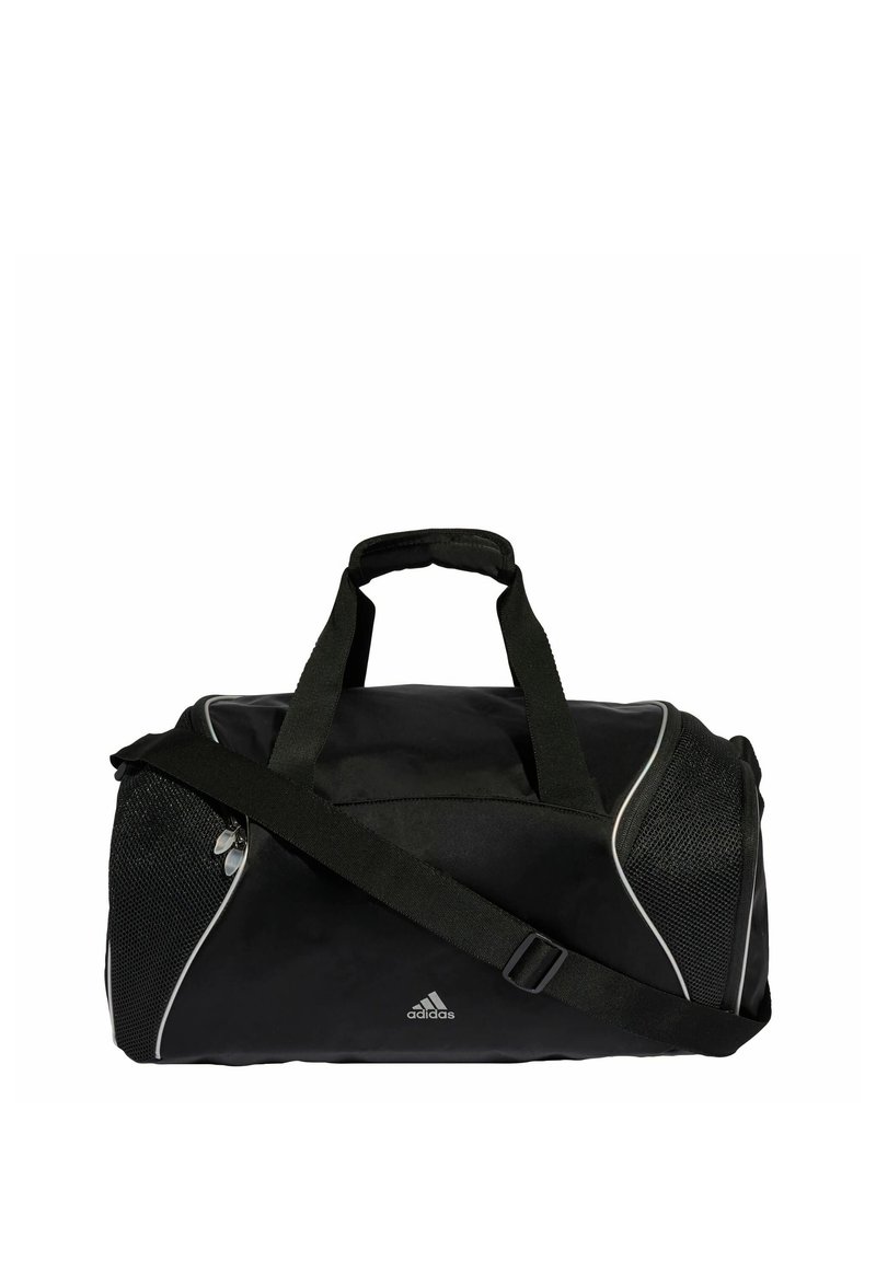 Schwarze Adidas Duffelbag mit zwei Griffen, verstellbarem Schulterriemen, Netzseitentaschen und weißen Paspeldetails.