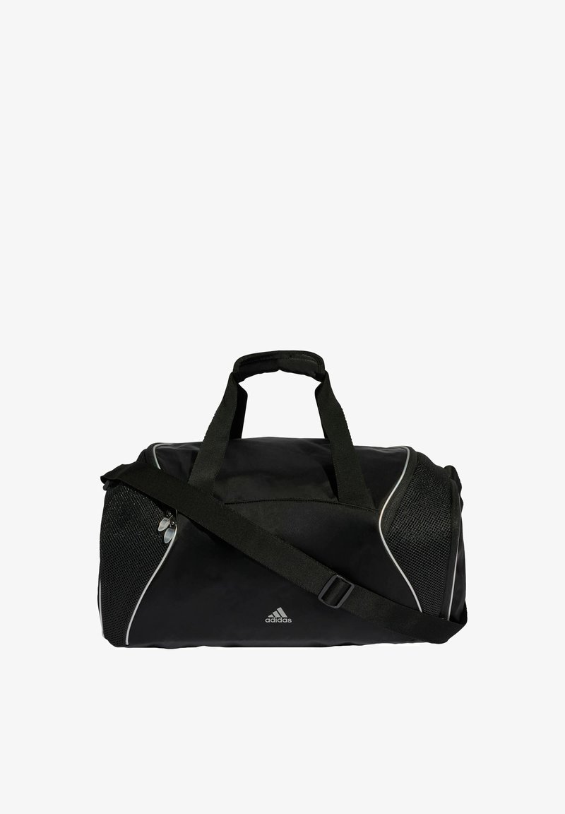 Schwarze Adidas Duffelbag mit zwei Griffen, verstellbarem Schulterriemen, Netzseitentaschen und weißen Paspeldetails.
