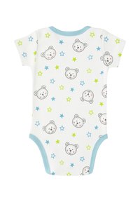 Body a maniche corte di colore bianco con stampa di faccia di orso e stelle blu e verdi, con bordo azzurro chiaro attorno al collo e alle aperture delle gambe.