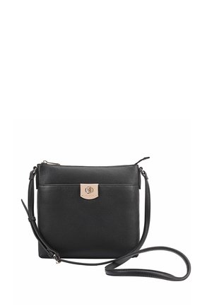 Schwarze Leder-Umhängetasche mit strukturierter Oberfläche, goldfarbener Hardware und einem Verschluss. Verfügt über einen langen, verstellbaren Riemen.