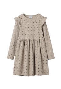 Beige langærmet kjole med ribbet tekstur, røde hjerte mønstre og volanger på skuldrene. Udsvinget skørt design.