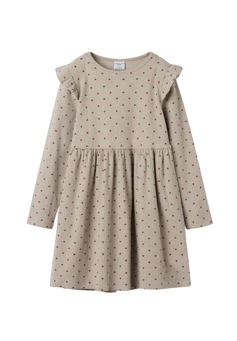 Beige langærmet kjole med ribbet tekstur, røde hjerte mønstre og volanger på skuldrene. Udsvinget skørt design.