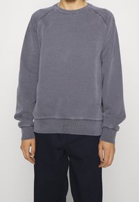Sudadera gris con cuello redondo, puños y dobladillo acanalados, en un tejido suave y ligeramente descolorido, con mangas raglán para un ajuste relajado.