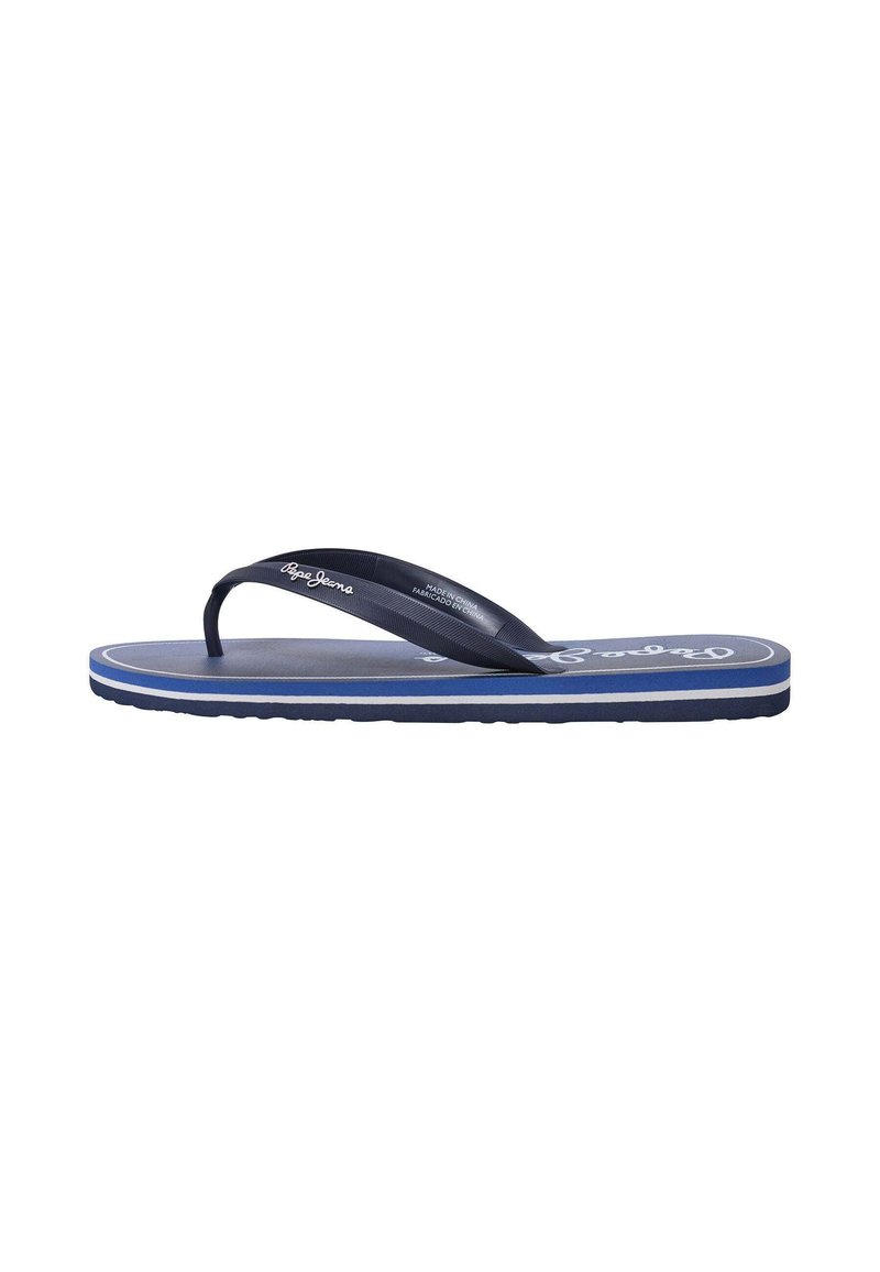 Laivaston flip-flop, jossa on kuvioitu kumipohja ja kontrastivärinen valkoinen raita. Ominaisuuksina on sileä, joustava nauhamalli.