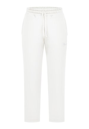 Pantaloni della tuta bianchi con vita elasticizzata e coulisse regolabile. Texture liscia, design con gamba affusolata, con un piccolo logo sul lato.