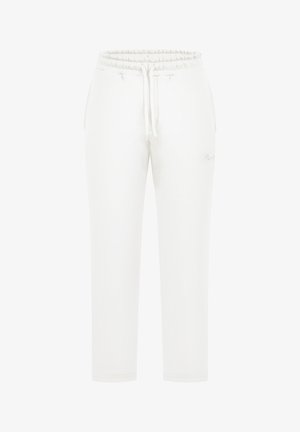 Pantalones deportivos blancos con una cintura elástica y cordón ajustable. Textura suave, diseño de pierna ajustada, con un pequeño logo en el lateral.