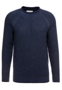 Granatowy sweter dziany z teksturowanym wzorem, okrągłym dekoltem i ściągaczami na rękawach. Z subtelnym logo na dole.