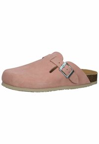 Pink suede clogs with an adjustable metal buckle, open back, low cork footbed, and a textured rubber sole.