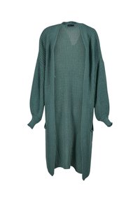 Cardigan long en tricot texturé, à l'avant ouvert ; couleur bleu sarcelle profond ; manches ballon ; comporte deux poches latérales.