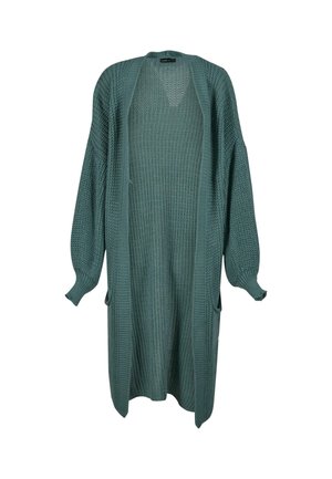 Cardigan long en tricot texturé, à l'avant ouvert ; couleur bleu sarcelle profond ; manches ballon ; comporte deux poches latérales.