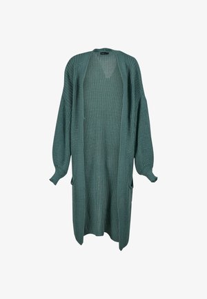 Pitkä, avoin etuleikkaus kardigan, jossa on teksturoitu, neulottu kangas; syvän teal-värinen; ilmapallo hihat; sisältää kaksi sivutaskua.