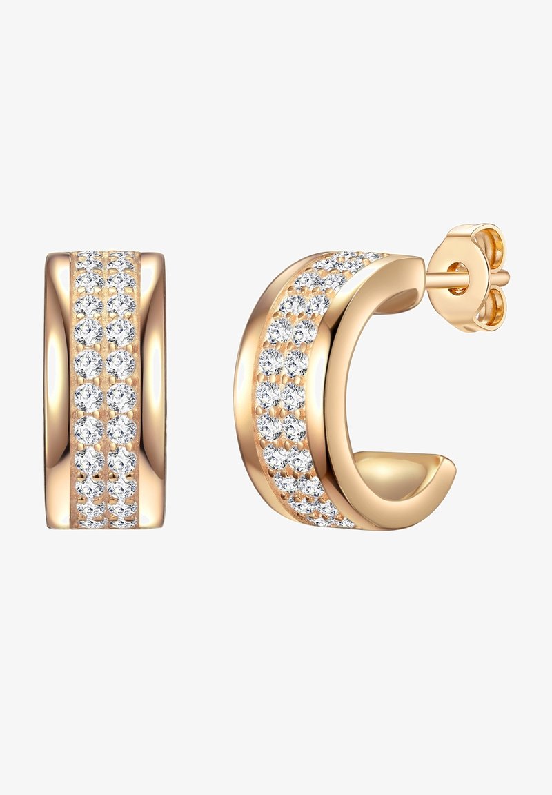 Auksiniai auskarai žiedai su lygiu paviršiumi ir aiškių, apvalių kubinių zirconijų akcentais palei priekį.