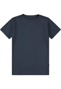 T-shirt di cotone blu navy scuro con maniche corte, scollo rotondo e un design semplice. Presenta un piccolo etichetta sul lato. Tessuto liscio, vestibilità standard.