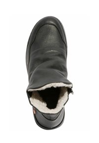 Bota de cuero negra con un forro suave blanco, puntera redondeada y cremallera lateral. El exterior tiene una textura suave con ligeras arrugas.