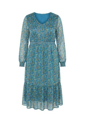 Blaues geblümtes knielanges Kleid mit langen transparenten Ärmeln, tailliertem Schnitt, rundem Ausschnitt und gerafftem Saum.