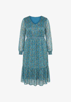 Vestido azul con flores, de largo hasta la rodilla, con mangas largas transparentes, cintura ceñida, escote redondo y dobladillo con volantes.