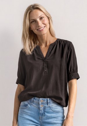 Street One, KURZARM BLUSE MIT SPLIT NECK UND ELASTIKSAUM - Bluse - black coffee