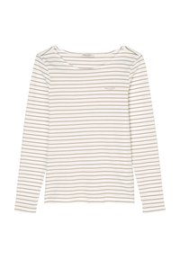 Langärmliges T-Shirt in Weiß mit dünnen, braunen horizontalen Streifen. Verfügt über einen Rundhalsausschnitt und ein kleines Markenlogo auf der Brust.