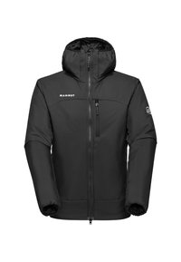 Giacca a vento nera isolata con cappuccio, zip frontale, tasca sul petto e logo Mammut sul petto e sul maniche sinistra.