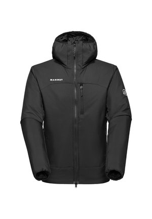 Veste à capuche noire isolée avec fermeture éclair frontale, poche sur la poitrine et logo Mammut sur la poitrine et la manche gauche.