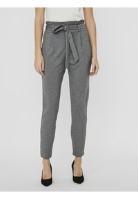 Gray tailored trousers with a fitted silhouette, featuring a tie belt at the waist, side pockets, and a smooth, textured fabric.