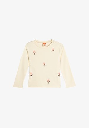 Top a maniche lunghe color crema con texture a coste, caratterizzato da ricami di fiori rosa e steli marroni, scollo rotondo e tessuto morbido.