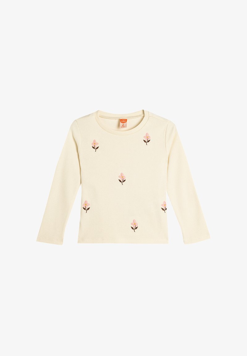 Cream long-sleeve top with ribbed texture, featuring pink flower embroidery and brown stems, round neckline, and soft fabric.