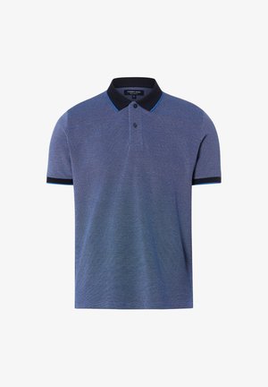 Blauw polo met korte mouwen en gestructureerde stof, zwarte kraag en mouwboorden, met een dunne blauwe bies aan kraag en boorden.