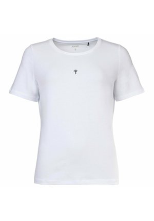 Witte katoenen t-shirt met een ronde halslijn en korte mouwen, voorzien van een klein geborduurd logo in het zwart op de middelste voorkant.