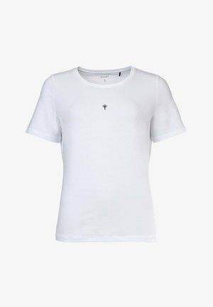Witte katoenen t-shirt met een ronde halslijn en korte mouwen, voorzien van een klein geborduurd logo in het zwart op de middelste voorkant.
