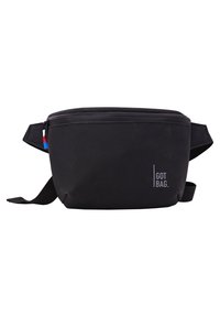 Sac banane en tissu noir avec fermeture éclair, sangle réglable et petit logo "GOT BAG." Comprend des accents rouges et bleus sur la fermeture éclair.