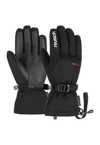 Schwarze Winterhandschuhe mit Lederhandfläche und Textiloberseite. Zu den Merkmalen gehören ein elastischer Bund, ein verstellbarer Riemen und eine Markenkennung auf der Vorderseite.